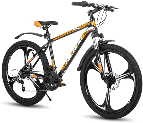 Hiland 26 Zoll Mountainbike MTB mit Aluminiumrahmen Scheibenbremse Federgabel 3 Speichenräder für Jugendliche Fahrrad Herren Damen Schwarz Orange