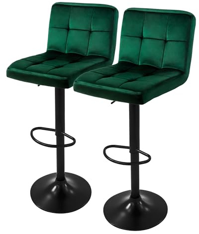 ML-Design Set 2X Taburetes de Bar de Terciopelo Verde, Sillas de Mostrador Giratorias 360° Tapizadas con Altura Regulable 63-83 cm, Asiento de Bistro para Comedor, Salón, Sala de Estar o Restaurante