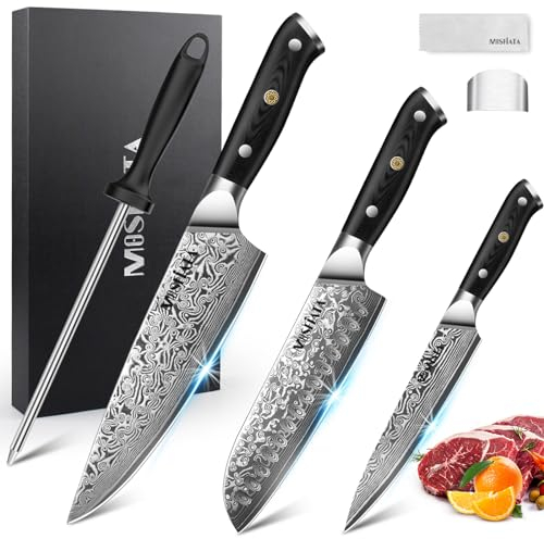MOSFiATA Damascus Chef Knife Set 3PCS-Professional Sharp 8 Chef's Knives 7” Santoku Knife & 5” Utility Kitchen Knives, VG-10 High Carbon Stainless Steel with Sharpener Rod, Finger Guard Gift Box