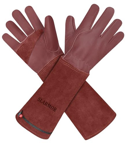 SLARMOR leather Gardening Gloves for Women/Men - Thorn Proof Cowhide Leather Rose/Blackberry Pruning Heavy Duty Garden Gloves Thick Palm Gauntlet Garden Work Gloves with Forearm Protection