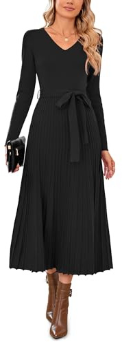 Arach&Cloz Fall Winter Womens Sweater Dress 2025 Long Sleeve V Neck Cashmere Ribbed Knit Tie Waist Pleated A Line Pullover Fashion Belt Midi Clothes Black