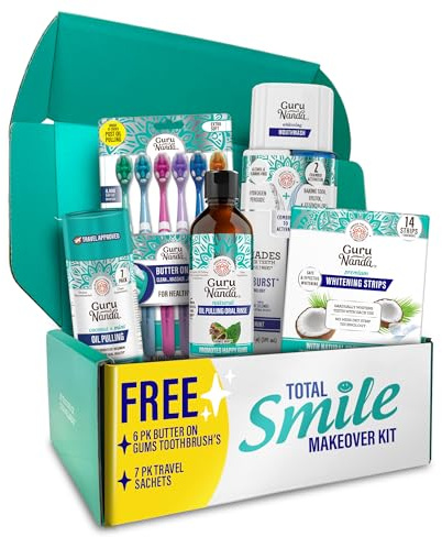 GuruNanda Total Smile Makeover Kit Regular with Cocomint Oil Pulling, Dual Barrel Whitening Mouthwash, Whitening Strips & Butter on Gums Toothbrushes