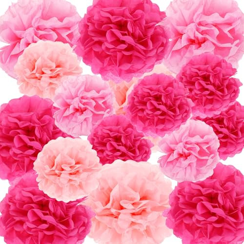 16 Stück Pompons Seidenpapier Rosa Deko Altrosa Tissue Papier Pom Poms Set Papier Party Dekorationen für Hochzeit Geburtstag Baby Willkommens Hellpfirsichpapier Blumenball