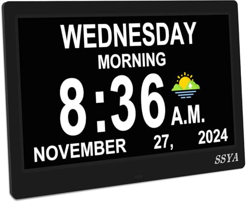 SSYA Dementia Clock for Seniors, Digital Clock with Date and Day of Week, Auto DST, Non-Abbreviated Large Calendar Alarm Clocks (Black)