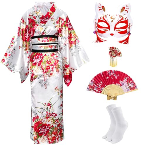 CRFASIBE 5 Pezzi Kimono da Donna a Motivo Fiore, Giapponese Vestaglie Kimono Set di Costumi, Tradizionale Yukata Geisha Vestito per Cospaly con Maschera(Bianco)