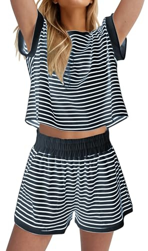 Famulily Pyjamas for Women Lounge wear Sets Summer Striped Pjs Short Co ord Set Womens Pajamas Ribbed Two Piece Nightwear Top and Shorts Tracksuit Outfits Sleepwear Blue S