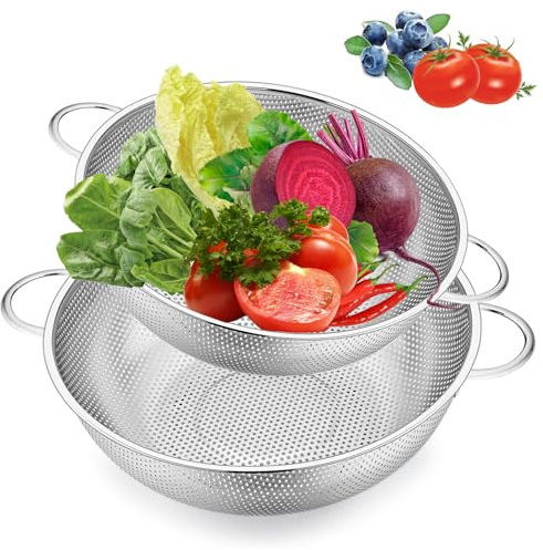 2 Pcs Coladores Microperforados de Acero Inoxidable con Asa, Escurridor de Verduras Acero Inoxidable para Escurrir y Filtrar Pasta, Arroz, Frutas y Verduras, Apto para Lavavajillas, 19 cm/22 cm