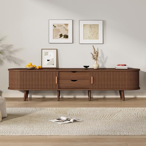 Jaxenor 175cm TV Cabinet with 2 Drawer and 2 Sliding Doors, Oval TV Stand Cabinet with 2-Tier Storage Shelf, Modern Entertainment Unit for Living Room, Suitable for 70 Inch TV, Dark Oak
