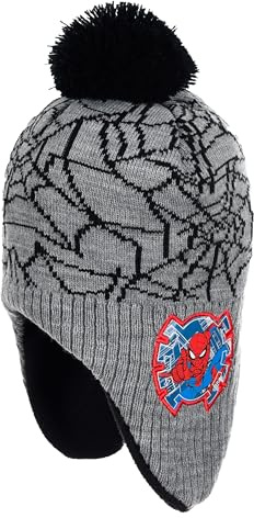 Marvel Spiderman Berretto invernale per bambini ragazzi con pon-pon – Berretto in maglia con fodera in pile e protezione per le orecchie – Caldo berretto con pon-pon per ragazzi – Grigio o Rosso