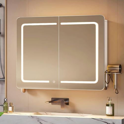 Hzuaneri Meuble Miroir Salle de Bain, avec éclairage LED, Blanc
