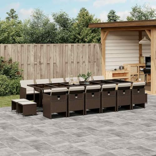 Mokuyary Grupo de comedor de jardín de 17 piezas, con cojín, color marrón, poliratán, mesa de comedor, comedor, impermeable, muebles de balcón para porches, patios, terrazas, material de escritorio