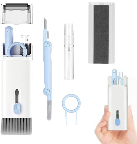 Set di pulizia per tastiera 7 in 1, tutto in un telefono cellulare, laptop, cuffie per AirPods 1/2/3/4/Pro 2/3, telefoni cellulari, fotocamera, iPad, tastiera, auricolari blu e bianco