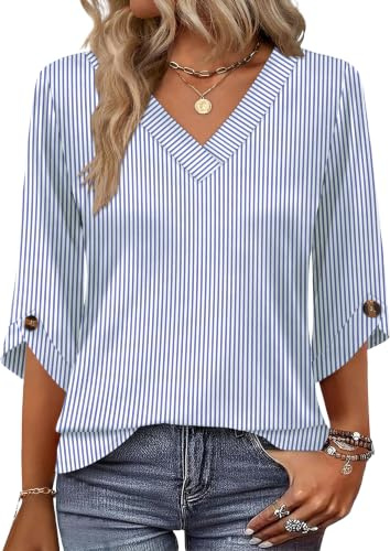 OFEEFAN 3/4 Sleeve Womens Tops V Neck T Shirts Button Blouse Summer Tops Basic Blouses Casual Blue Stripe 2XL