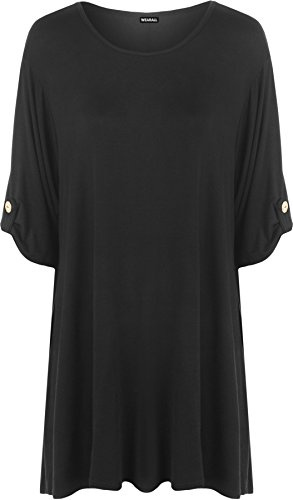 WearAll Womens Plus Size Plain Turn Up Button Short Sleeve Ladies Stretch Top - Black - 20-22