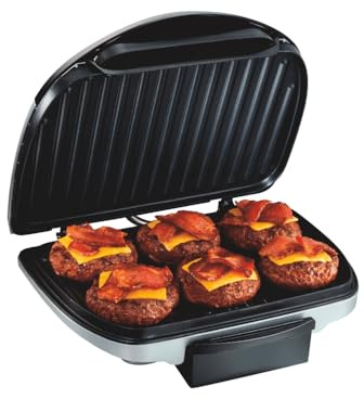 Hamilton Beach Electric Indoor Grill, 6-Serving, Large 90 sq. in. Nonstick Easy Clean Plates, Floating Hinge for Thicker Foods, 1200 Watts, 6.38D x 12.68W x 13.78H , Silver (25371)