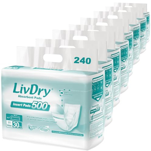 LivDry Incontinence Pad Inserts for Women and Men, 24 oz High Absorbency, Long Length Booster with Leak Guards for All Day and Overnight Protection (240 Count)