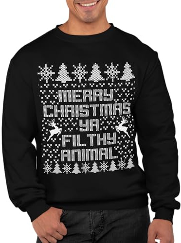 Graphic Impact Pull de Noël inspiré « Merry Christmas Ya Filthy Animal Sarcastic Mean Ugly Christmas » - Pull de Noël unisexe pour adultes, Noir , XL