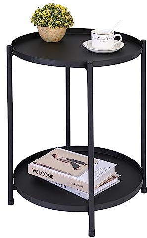 H JINHUI 2 Ebenen Runder Beistelltisch, Couchtisch mit Metalltablett, Snacktisch, Teetisch, Nachttisch, Schwarzes Metallgestell, Industrie-Design, Sofatisch für Wohnzimmer Schlafzimmer (schwarz)