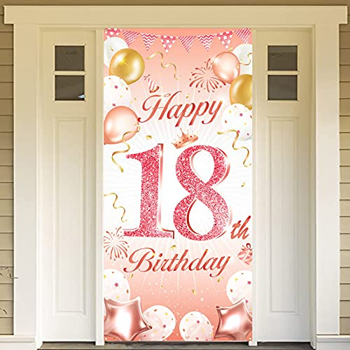 DPKOW Rose Gold 18th Birthday Party Decoration Girl, Rose Gold 18th Birthday Banner for Backdrop Door Decoration for Garden Table Wall, 185 x 90cm Fabric