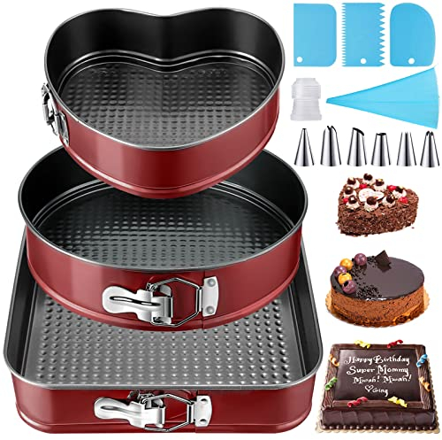 MULEVIP Tortiera Rimovibile,Teglia da Forno Rotonda 3 Pezzi Rimovibile Stampi per Dolci,Teglia da Forno Quadrate Springform,con Spatola e Beccucci - Rivestimento Antiaderente (22/24/26 cm) - Rosso