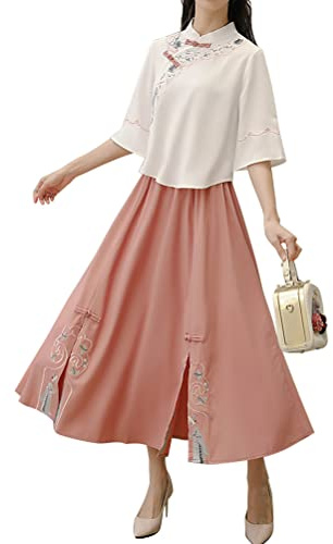 Chinese Tang Suit Women's Traditional Qipao Cheongsam Embroidered Two Piece Outfit Mandarin Top Tea Length Skirt Dress (White + Pink, L)