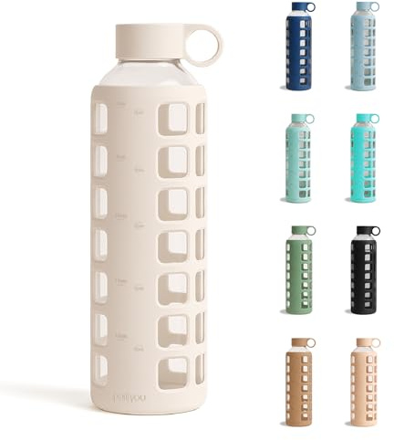 purifyou Glass Water Bottles with Volume and Drinking Time, Extra Thick Reusable Silicone Sleeve for Refrigerator, Water, Milk, Juice (32 oz, Pearl Ivory)