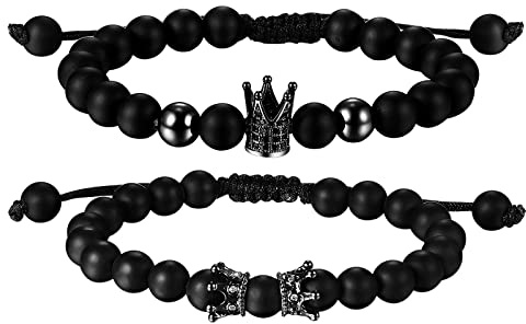 Flongo pärlor par armband, naturlig frostad sten zirkon pärlor armring, kung & drottning krona långdistansrelationer vänskapsarmband för par kvinnor män, smyckesgåvor för älskare honom henne, Sten