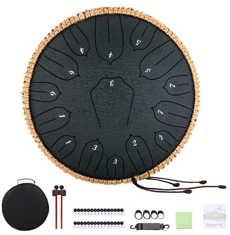 Musfunny Zungentrommel Handpan Steel Tongue Drum: 12 Zoll 15 Tone Stahlzungentrommel D-Dur Handpan Instrument mit Musikbuch Tragetasche für Geburtstagsgeschenk Meditation Yoga (Schwarz)