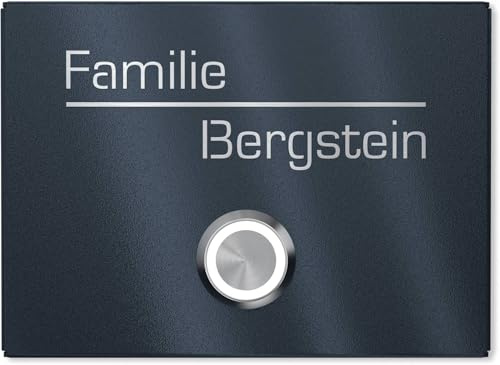 Placa de timbre de acero inoxidable V2A con grabado de Graviers Design – 160 x 120 mm recubierto de polvo en RAL 7016 timbre inalámbrico – pulsador LED – timbre inalámbrico – fabricado en Alemania