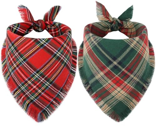 Vivifying Dog Christmas Bandanas, 2Pcs Adjustable Triangle Dog Bandana with Fringed Chequered Print,Dog Christmas Costume for Small Medium Dogs (Large,Green&Red)
