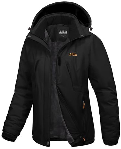 Libin Winterjacke Damen Skijacke Snowboardjacke Warme Gefüttert Fleecejacke Winddicht Outdoorjacke Winter Jacket mit Abnehmbarer Kapuze Softshell Funktionsjacke Schwarz M