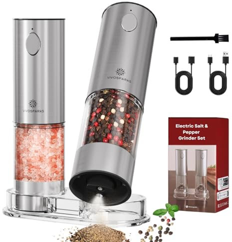 Electric Salt and Pepper Grinder Set, Upgraded 3.2oz (95ml) Large Capacity USB Rechargeable Mill with LED Light & 6 Adjustable Coarseness, Stainless Steel Shaker for Kitchen, BBQ, Gift Giving
