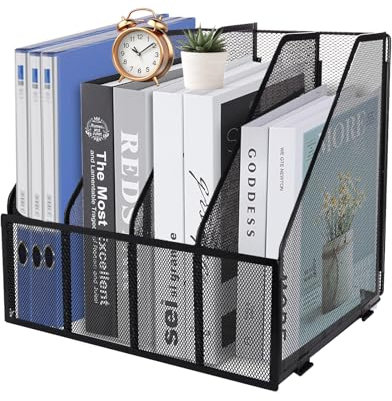 HMXLJJY Mesh Metal A4 Magazine File Holder, Desktop 4 Sections Document Holder Office File Storage Rack for Desk Tidy, Paper Organiser Filing Rack,4 Compartments,(Black)