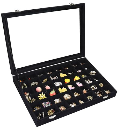 Vicoter Velvet Jewelry Tray 48 Compartments Jewelry Display Organizer with Transparent Cover Rings, Earrings, Necklaces, Pendants Storage Box for Girls, Wives, Mothers, Women