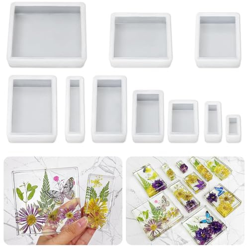 Set di 10 stampi in silicone rettangolari e quadrati per resina epossidica fai da te, stampi in silicone per resina, ideali per conservare fiori, creazione di gioielli, sapone, vassoio e insetti