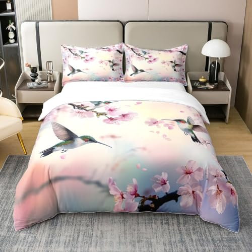 Floral Kolibri 100% Natürliche Baumwolle 220x240 Komfortbezug Kolibri Wildlife Bettbezug Japanische Kirschblüte Bettwäsche Set Romantische Vögel Tier Bett Set Rosa Blumen Bettbezug