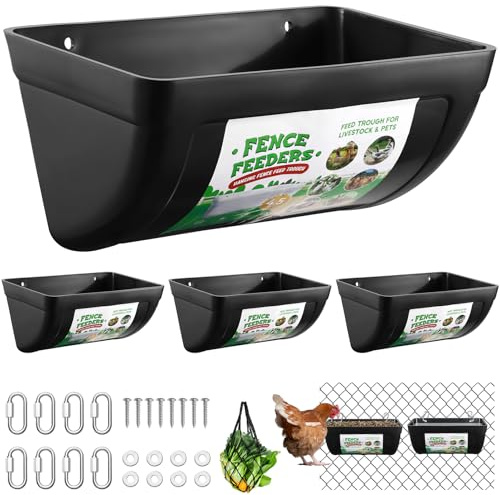 4 Pack Chicken Fence Feeders, 4.5 Quart Goat Feed Troughs, Hanging Fence Feeders with Hooks, Screws, and Chicken Coop Treat Bag, Poultry Waterer Bucket, Livestock Feeder for Ducks, Dogs, Cows, Rabbits