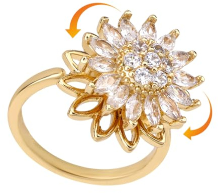Mikovivi Bague Tournesol Rotative en Or, Anneau Rotatif Réglable avec Zircone Cubique Bijoux en Forme de Fleur Cuivre Doré pour Femmes et Hommes