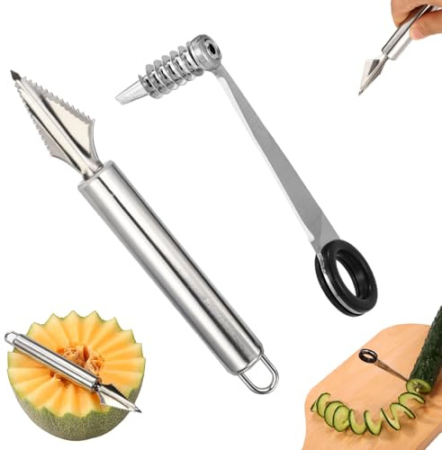 Cocina Cuchillo Espiral y Herramientas Tallar Frutas Colocar, Cortador Patatas Espiral y Herramienta Tallar Frutas en V-Forma para Cortar Patatas Grabar Melones Utensilios de Cocina Creativos
