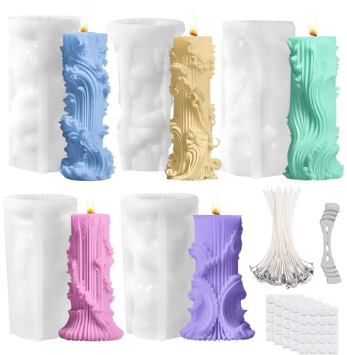 Lot de 5 moules cylindriques en silicone pour bougies - Avec 50 mèches de bougie - Pour la cire d'abeille, l'aromathérapie