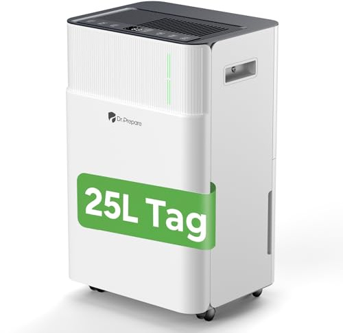 DR.PREPARE Deumidificatore Casa 25L/24H Serbatoio da 4,5L Controllo Intelligente dell'Umidità Silenzioso Timer 24H 3 Modalità con Drenaggio Continuo 40–45 m² per Camera da Letto Cantina Lavanderia