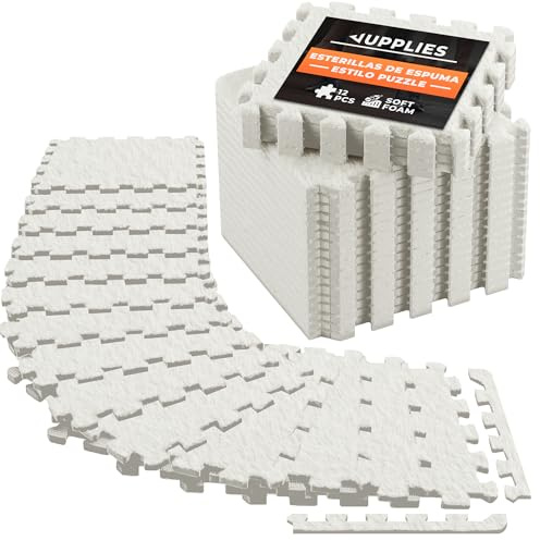JUPPLIES Suelo Puzzle de Felpa Set 12 Piezas 30x30x1cm – Esterilla Modular de Espuma Suave para Hogar – Suelo de EVA Suave para Habitaciones, Zona de Juegos y Decoración (12 Piezas Beige)
