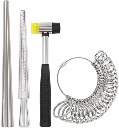 4Pcs Steel Ring Sizer Mandrel Measuring Set, A-Z UK Size Metal Finger Sizing Gauges, Rings Measurement Stick and Rubber Jewelers Mallet Hammer Wire Wrapping Tools for Jewelry Ring Making