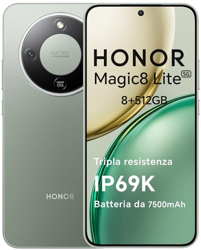 HONOR Magic8 Lite Smartphone 5G, 8+512GB, Tripla Resistenza-IP69K, 7500 mAh, Fotocamera AI 108 MP con OIS, Display AMOLED da 6.79 Pollici Cellulari, AI Intelligente, Dual SIM, NFC, Forest Green