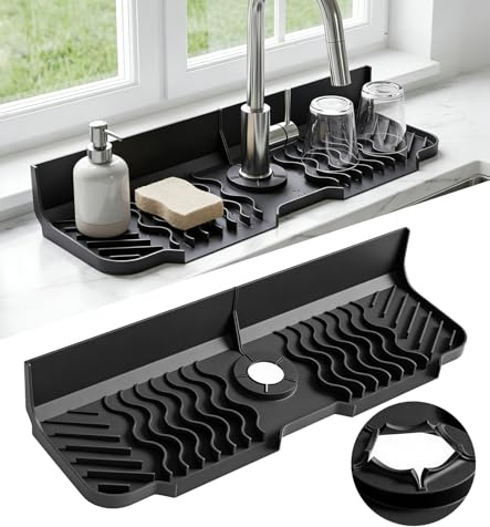 Tapis De Robinet En Silicone 45×14 Cm, Protection Anti-Éclaboussures Pour Évier De Cuisine Avec Ouverture Pré-Découpée, Plateau Anti-Gouttes Inclinable À Séchage Rapide Pour Et Salle De Bain Comptoir