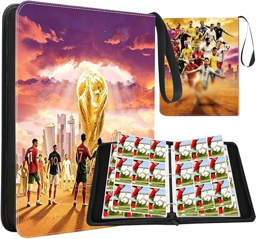 Football Card Binder, 9 Pocket Card Collection Folder with 50 Removable Sleeves Fits 900 Sport Cards, Trading Card Games Collection with Zipper and Handle Strap, Removable Match Attax Binder