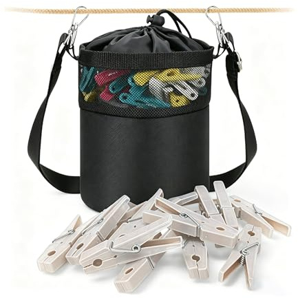 Sac Pince a Linge,Portable Panier Pince à Linge avec Mousqueton pour Epingles à Linge,Jouets,Petits Objets (Noir)