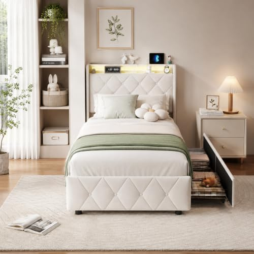 AYIYILA Lit Simple avec 2 Tiroirs de Rangement,LED et et Prise USB-C, Lit 90x200 avec Sommier à Lattes,Cadre Métal,Rembourré en Velours (sans Matelas)