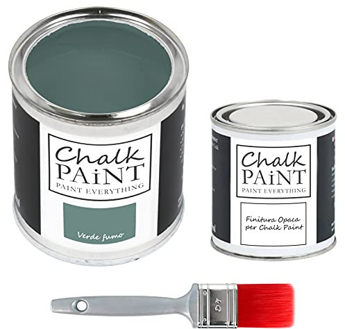 CHALK PAINT EVERYTHING Verde Fumo & FINITURA + PENNELLO - Kit Pronto Vernicia e Proteggi (750 ml Colore + 250 ml Finitura + Pennello Professionale 40 mm)