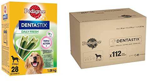 Pedigree DentaStix Daily Fresh Zahnpflegesnack für große Hunde – Hundeleckerli mit Aktivwirkstoffen, 112 Sticks & DentaStix Daily Oral Care Zahnpflegesnack für große Hunde – 1 x 112 Stück